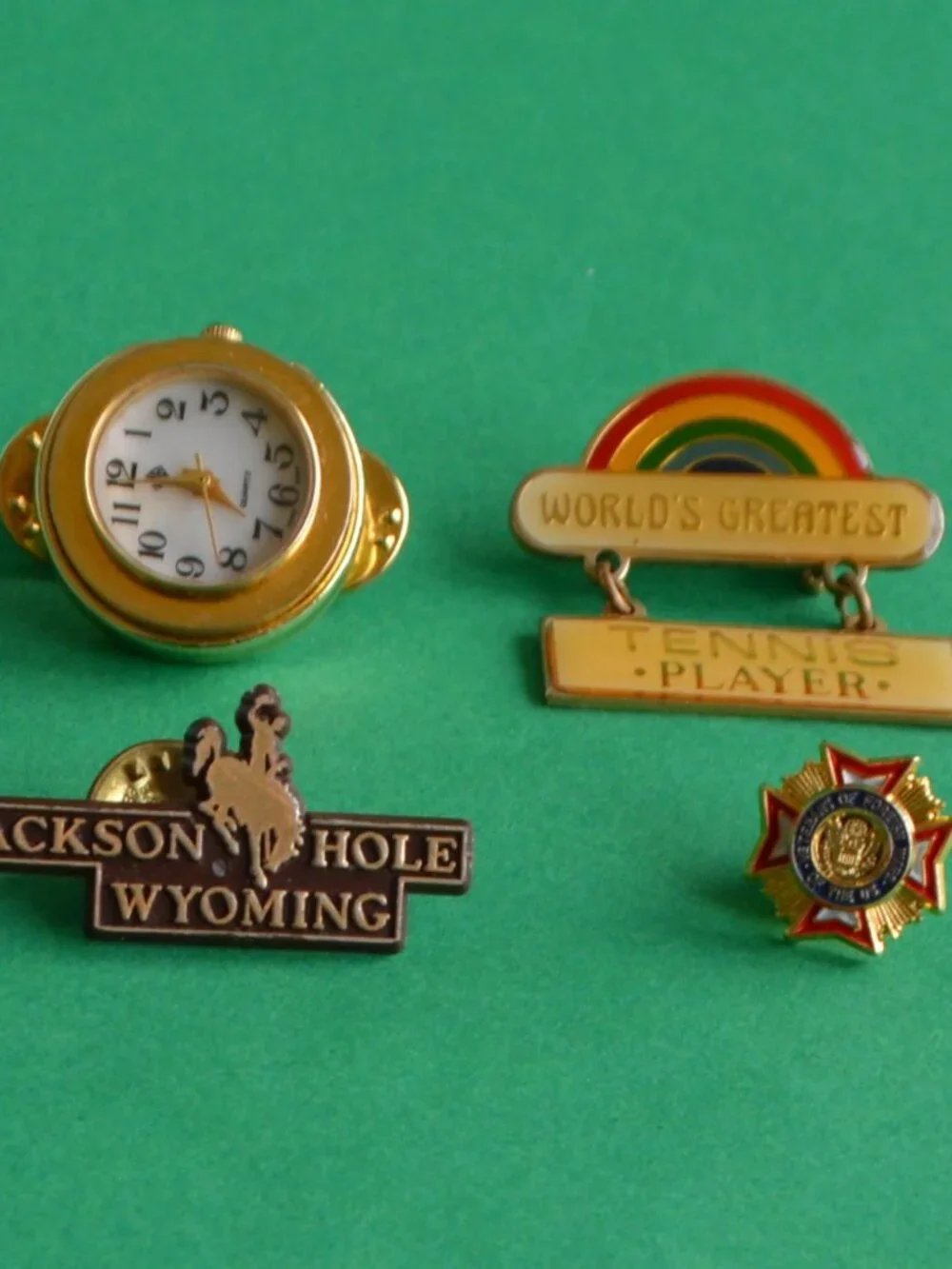 Set of 4 Lapel Pins-Tennis Player, Jackson Hole, US Air Force, Miniature Watch